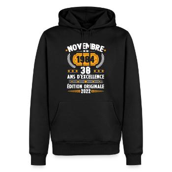 Cadeau D'anniversaire Rétro 38 Ans Novembre 1984 - Sweat à capuche Premium bio Homme - noir - Devant - Nico (187cm)