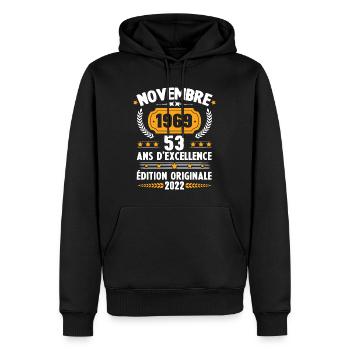 Cadeau D'anniversaire Rétro 53 Ans Novembre 1969 - Sweat à capuche Premium bio Homme - noir - Devant - Nico (187cm)