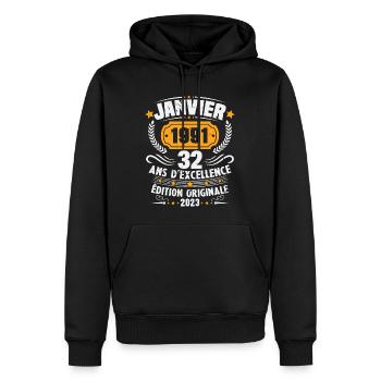Cadeau D'anniversaire 32 Ans Janvier 1991 Vintage - Sweat à capuche Premium bio Homme - noir - Devant - Nico (187cm)