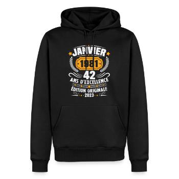Cadeau D'anniversaire 42 Ans Janvier 1981 Vintage - Sweat à capuche Premium bio Homme - noir - Devant - Nico (187cm)