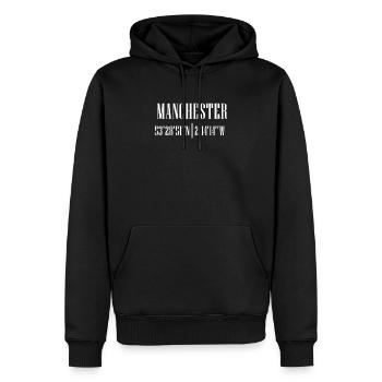 Coordonnées de la ville - Sweat à capuche Premium bio Homme - noir - Devant - Nico (187cm)