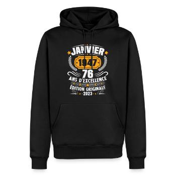 Cadeau D'anniversaire 76 Ans Janvier 1947 Vintage - Sweat à capuche Premium bio Homme - noir - Devant - Nico (187cm)