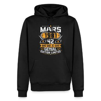 Rétro Cadeau D'anniversaire 42 Ans Mars 1981 - Sweat à capuche Premium bio Homme - noir - Devant - Nico (187cm)
