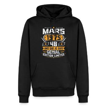 Rétro Cadeau D'anniversaire 48 Ans Mars 1975 - Sweat à capuche Premium bio Homme - noir - Devant - Nico (187cm)