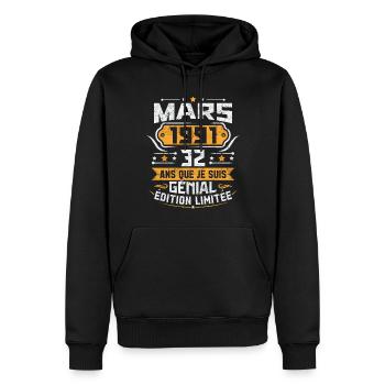 Rétro Cadeau D'anniversaire 32 Ans Mars 1991 - Sweat à capuche Premium bio Homme - noir - Devant - Nico (187cm)