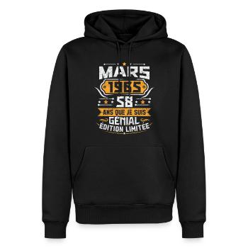 Rétro Cadeau D'anniversaire 58 Ans Mars 1965 - Sweat à capuche Premium bio Homme - noir - Devant - Nico (187cm)