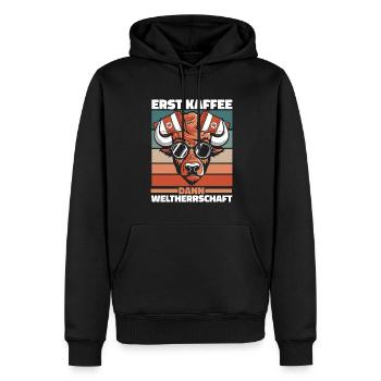 Bison Büffel Kaffee - Männer Premium Bio Hoodie - Schwarz - Vorne - Nico (187cm)