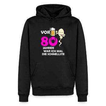 Vor 80 Jahren war ich mal die Schnellste - Männer Premium Bio Hoodie - Schwarz - Vorne - Nico (187cm)
