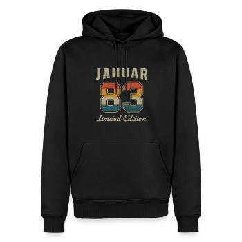 Date de naissance : Janvier 1983 - Edition Limitée Rétro - Sweat à capuche Premium bio Homme - noir - Devant - Nico (187cm)