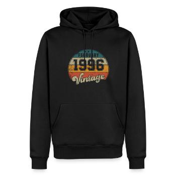 Anniversaire Vintage - Février 1996 - Idée cadeau - Sweat à capuche Premium bio Homme - noir - Devant - Nico (187cm)
