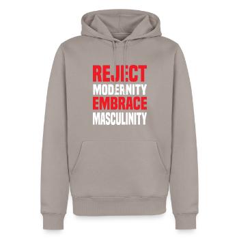 Reject Modernity Embrace Masculinity Sigma Male - Männer Premium Bio Hoodie - Taupe - Vorne - Nico (187cm)