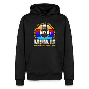 Level 16 - Men’s Premium Organic Hoodie - black - Front - Nico (187cm)
