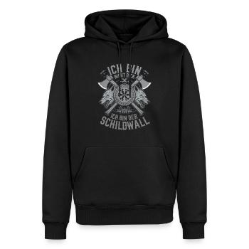 Ich bin nicht dick ich bin der Schildwall Wikinger - Männer Premium Bio Hoodie - Schwarz - Vorne - Nico (187cm)