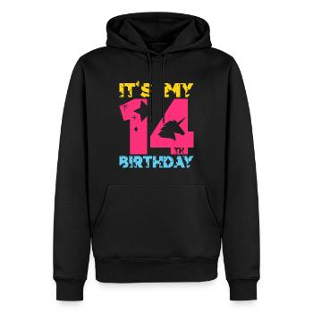 C’EST MON 14E ANNIVERSAIRE LICORNE 14E ANNIVERSAIRE - Sweat à capuche Premium bio Homme - noir - Devant - Nico (187cm)
