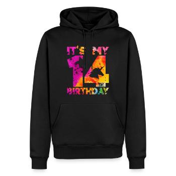 14E ANNIVERSAIRE LICORNE C’EST MON 14E ANNIVERSAIRE - Sweat à capuche Premium bio Homme - noir - Devant - Nico (187cm)