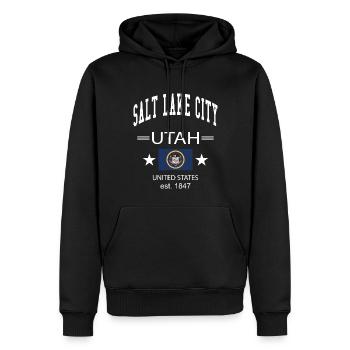 Salt Lake City - Männer Premium Bio Hoodie - Schwarz - Vorne - Nico (187cm)