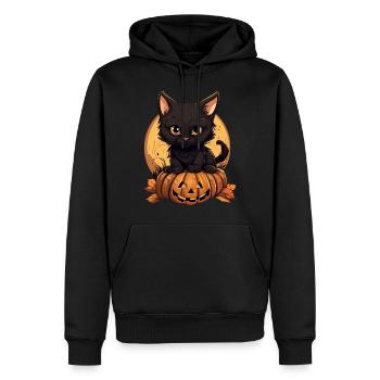 Halloween-Schwarze Katze mit Kürbis bei Sunset - Männer Premium Bio Hoodie - Schwarz - Vorne - Nico (187cm)