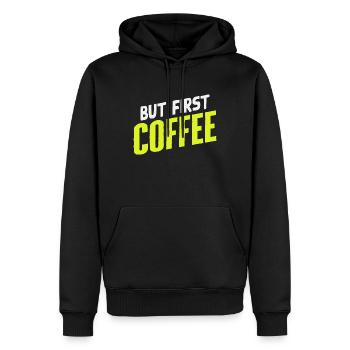 But first Coffee - Kaffeeliebhaber Spruch - Männer Premium Bio Hoodie - Schwarz - Vorne - Nico (187cm)