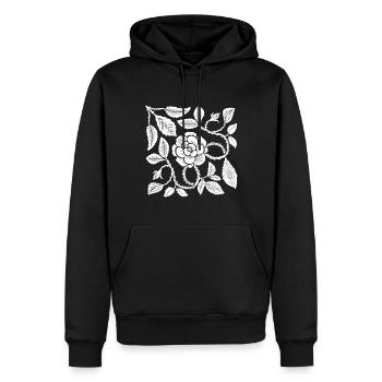 Botanischer Holzschnitt Weiße Rose mit Blättern - Männer Premium Bio Hoodie - Schwarz - Vorne - Nico (187cm)
