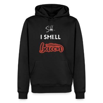 Pssst, ich rieche Speck - Männer Premium Bio Hoodie - Schwarz - Vorne - Nico (187cm)