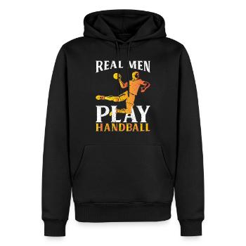 Real Men Play Handball – Sprungwurf Design - Männer Premium Bio Hoodie - Schwarz - Vorne - Nico (187cm)
