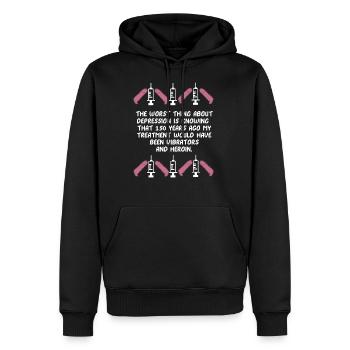 Traiter les dépressifs drôles et les cadeaux drôles - Sweat à capuche Premium bio Homme - noir - Devant - Nico (187cm)