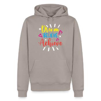 Dream Believe Achieve - Men’s Premium Organic Hoodie - taupe - Front - Nico (187cm)