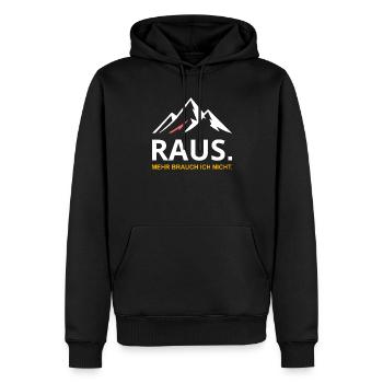 RAUS – Mehr brauch ich nicht - Männer Premium Bio Hoodie - Schwarz - Vorne - Nico (187cm)