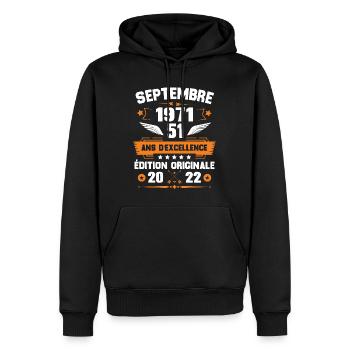 Septembre 1971 Idée cadeau d'anniversaire 51 ans - Sweat à capuche Premium bio Homme - noir - Devant - Nico (187cm)