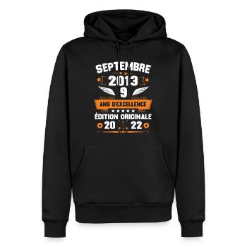 Septembre 2013 Idée cadeau d'anniversaire 9 ans - Sweat à capuche Premium bio Homme - noir - Devant - Nico (187cm)