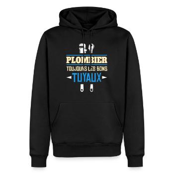 Toujours Les Bons Tuyaux - Humour Plombier - Sweat à capuche Premium bio Homme - noir - Devant - Nico (187cm)
