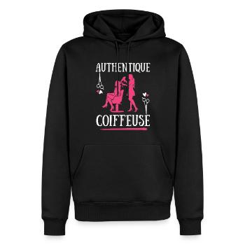 Authentique Coiffeuse coiffure salon coupe cheveux - Sweat à capuche Premium bio Homme - noir - Devant - Nico (187cm)