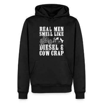 Real men smell like diesel and cow crap, funny - Men’s Premium Organic Hoodie - black - Front - Nico (187cm)