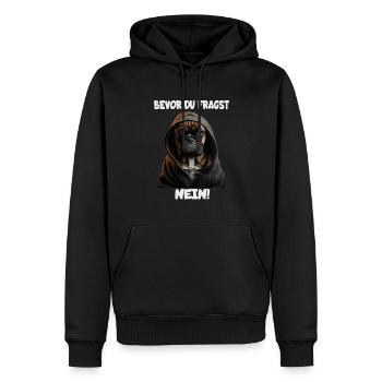 Witziger Hund mit dem Spruch BEVOR DU FRAGST NEIN! - Männer Premium Bio Hoodie - Schwarz - Vorne - Nico (187cm)