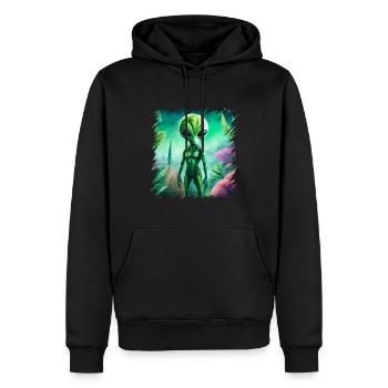 Des extraterrestres verts, des extraterrestres et des ovnis dans la forêt, l’espace - Sweat à capuche Premium bio Homme - noir - Devant - Nico (187cm)
