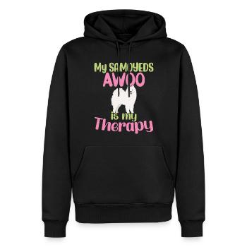 Meine Samojeden AWOOO ist meine Therapie - Männer Premium Bio Hoodie - Schwarz - Vorne - Nico (187cm)