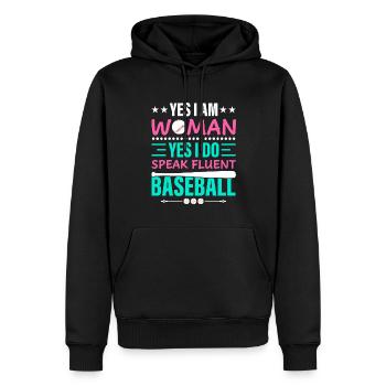 I am a woman, yes I speak fluently - Men’s Premium Organic Hoodie - black - Front - Nico (187cm)
