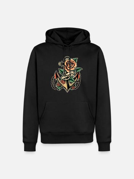 Anker med rose old school tatovering - Premium økologisk hettegenser for menn - svart