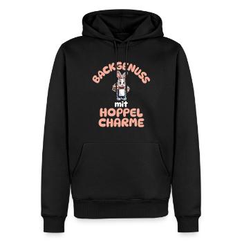 Backgenuss mit Hoppelcharme - Kaninchen backen - Männer Premium Bio Hoodie - Schwarz - Vorne - Nico (187cm)