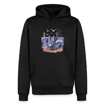 Nautischer Anker und Leuchtturm Ozean Szene - Männer Premium Bio Hoodie - Schwarz - Vorne - Nico (187cm)