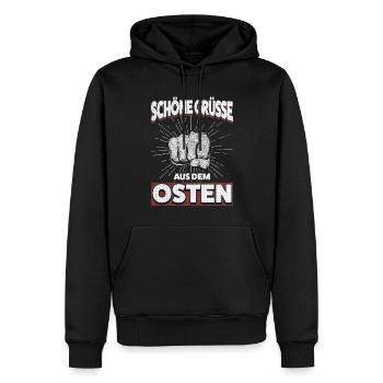 Starke Grüße aus dem Osten – Ostdeutsch und Stolz - Männer Premium Bio Hoodie - Schwarz - Vorne - Nico (187cm)
