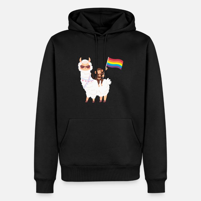 Alpaka mit Äffchen und Regenbogenfahne - Männer Premium Bio Hoodie - Schwarz
