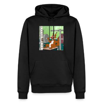 SQRRLD - Squirrel's Bench Press Accident - Männer Premium Bio Hoodie - Schwarz - Vorne - Nico (187cm)