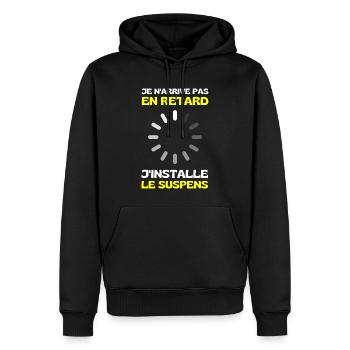 Je N'arrive Pas En Retard J'installe Le Suspens - Sweat à capuche Premium bio Homme - noir - Devant - Nico (187cm)