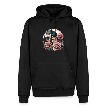 Wolf und Fuchs mit Blumen - Männer Premium Bio Hoodie - Schwarz - Vorne - Nico (187cm)