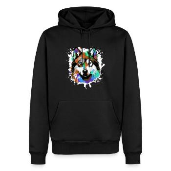 Portrait de tête de chien husky coloré - Sweat à capuche Premium bio Homme - noir - Devant - Nico (187cm)