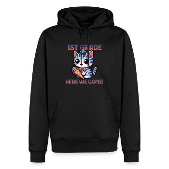 1ère année Nous voici - Sweat à capuche Premium bio Homme - noir - Devant - Nico (187cm)