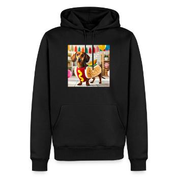 Süßer Dackel im Hotdog-Kostüm auf einer Party. - Männer Premium Bio Hoodie - Schwarz - Vorne - Nico (187cm)