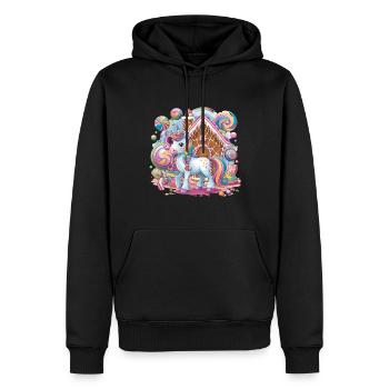 Licorne et bonbons devant la maison en pain d’épice - Sweat à capuche Premium bio Homme - noir - Devant - Nico (187cm)