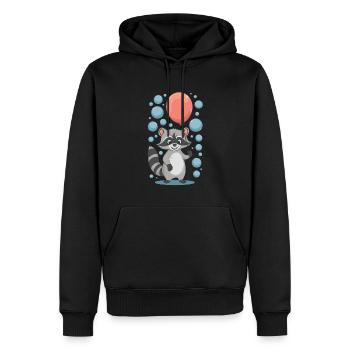 Fröhlicher Waschbär mit Luftballon und Blasen - Männer Premium Bio Hoodie - Schwarz - Vorne - Nico (187cm)